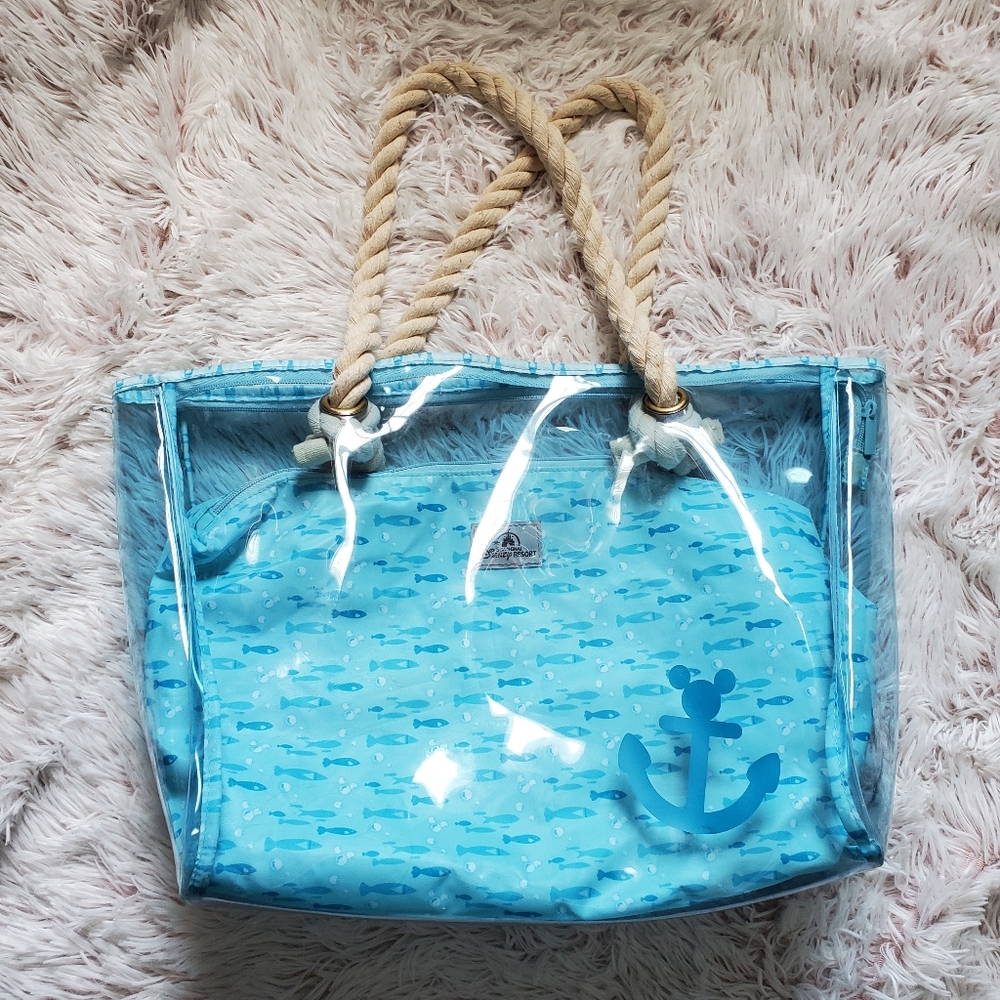 RARE Shanghai Disney 2-piece beach tote bag purse translucent blue Mickey anchor